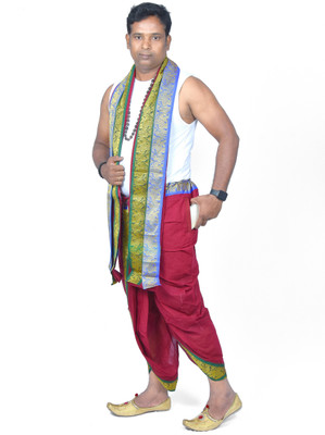 TUNI MANI SPL Readymade Dhoti Pant With Angavastram Set and Side Pocket Solid Men Dhoti