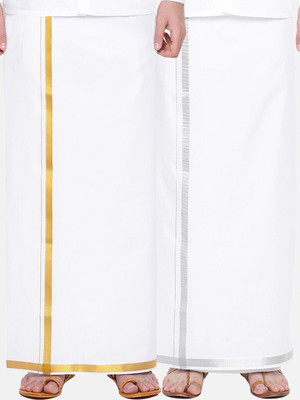 Ramraj Cotton Pack of 2 White Pure Cotton Single Layer with Gold Silver Zari Border Solid Men Dhoti