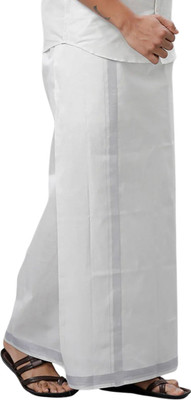 PkFashions 28 to 44 Inches Velcro WHITE Cotton Pocket Dhoti with Silver Jari Border Solid Men Dhoti