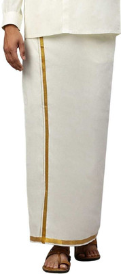 Ramraj Cotton Single Layer Adjustable Velcro Pocket White Dhoti with 3/4 inch Gold Jari Border Solid Men Dhoti