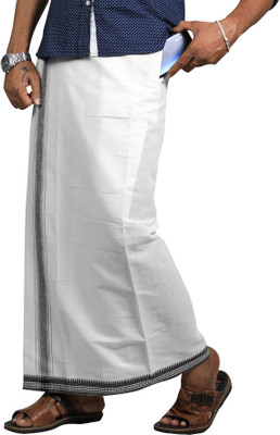 Prakasam Cotton Kerala Style Thalapathi White Colour Flexi Size Welcro Readymade with pocket Solid Men Dhoti