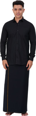 Prakasam Cotton Full sleeve Black Shirt+Black Small Border Single(1.28X2.00mtrs) Solid Men Dhoti