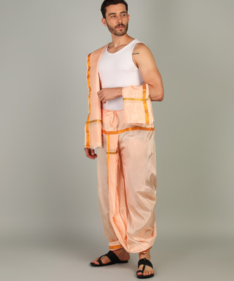 SAC SHREE APARAJEET CREATIONS Men's Peach Colour Panjagajam Readymade Gold Zari dhoti and towel set Free size Embroidered, Striped, Solid Men Dhoti