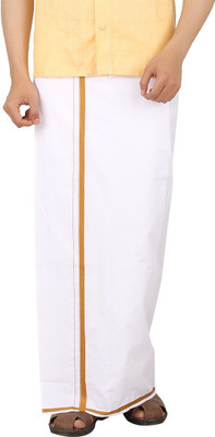 Prakasam Cotton Premium Quality Readymade Pocket -White Cotton With Gold Border Solid Men Dhoti