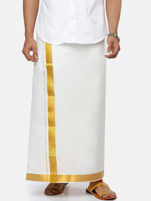 Ramraj Cotton Cream 1 1/2 inch Gold Jari Border Solid Men Dhoti