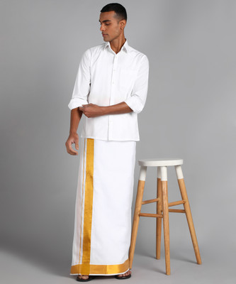 SAC SHREE APARAJEET CREATIONS Solid White, Gold Lungi
