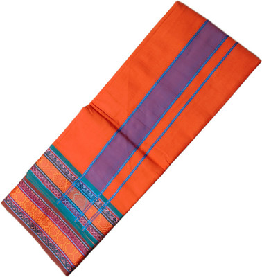 ManoCotton Purecotton Orange Colour 9×5 Dhoti(Panchakacham)Attached With Angavastram Towel Solid Men Dhoti