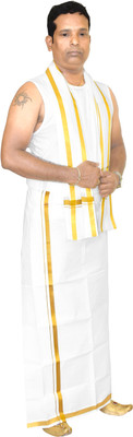 TUNI MANI 2.0meter Zari Border Single Dhoti and Towel Solid Men Dhoti