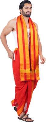 Prakasam Cotton Red-Golden Jari Border-Readymade dhoti and towel set with pocket Solid Men Dhoti