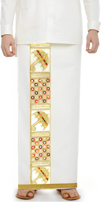 R N Creation Royal Style Men's Silk Dhoti - with Multi & Gold Zari Border (Off white) Embroidered, Solid Men Dhoti