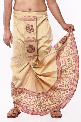 OBLIK CREATIONS Men's Dupion Silk Block Print Dhoti Beige-001 Readymade Dhoti for Men Printed Men Dhoti