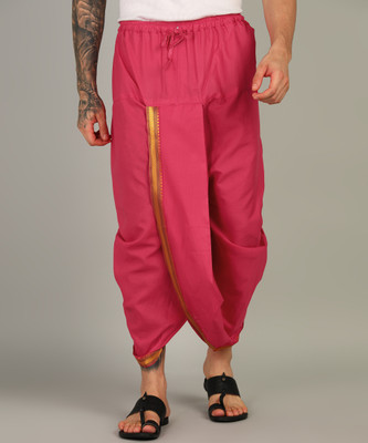 SAC SHREE APARAJEET CREATIONS Mens Pink Colour Panjakejam Readymade Golden Zari Border Dhoti Free size Silk Embroidered, Striped, Solid Men Dhoti