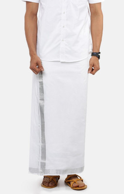 Ramraj Cotton Double layer White with 1 1/2 inch silver Jari Border Solid Men Dhoti