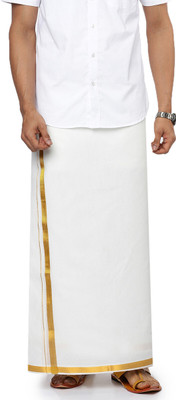 Ramraj Cotton Pack Of 2 Single Layer White with 3/4 Gold Jari Border Solid Men Dhoti