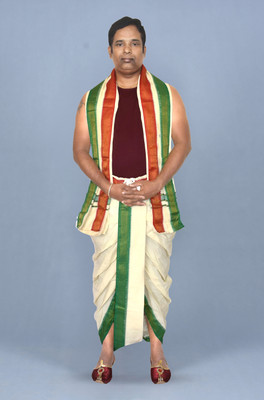 TUNI MANI SPL Padayappa Mayilkan Border Readymade Dhoti Pant With Angavastram Set Solid Men Dhoti