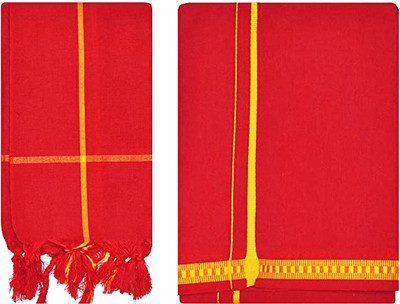 SK NAREN Temple Pooja Traditional Gold Zari Red Panche/Dhotis/Mundu/Vesti/Kaili/Lungi Solid Men Dhoti