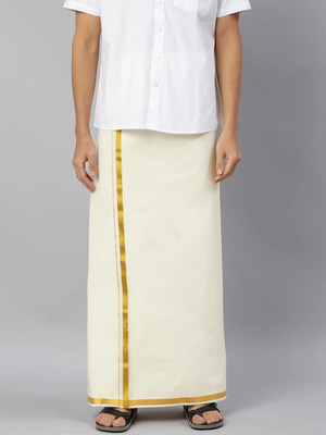 Ramraj Cotton Double Layer Cotton Blend Cream with 3/4 Gold Jari Border Solid Men Dhoti