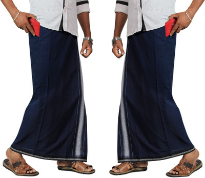 Prakasam Cotton Thalapathi (Flexi) Adjustable 2 Way Pocket (Right/ Left) Readymade Pista Navy Solid Men Dhoti