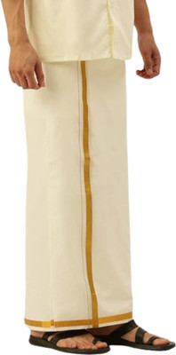 GUGOLIYA SANDAL COLOR 2Adjustable Welcro Cotton Pocket Dhoti with Gold Jari Border Solid Men Dhoti