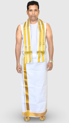 TUNI MANI Men's Cotton Zari Border Dhoti with Towel/ Single Dhoti 2.0Mtr Solid Men Dhoti