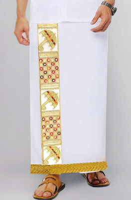 Chahat Lace Men's Cotton Silk Dhoti | Off White Color | Umbrella Border | 2.25m Length | Embroidered Men Dhoti