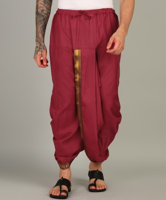 SAC SHREE APARAJEET CREATIONS Mens Maroon Colour Panjakejam Readymade Golden Zari Border Dhoti Free size Silk Embroidered, Striped, Solid Men Dhoti