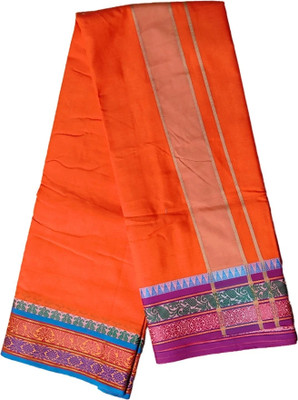 ManoCotton 9×5 Orange Colour 5 Inch Jacquard Border Double Dhoti With Angavastram For Men Solid Men Dhoti