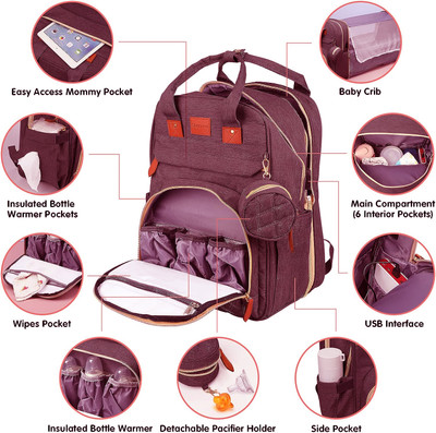 ComfyStyle Multifunctional Mummy Bag Foldable Nappy Backpacks Baby Bed-41x30 Cm Diaper Bag Mummy Diaper Bag(Maroon)