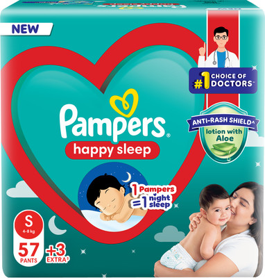 Pampers Happy Sleep Pant Style Baby Diaper, 1 Night Sleep with Anti Rash Shield - S(60 Pieces)