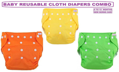TINNY TOTS Pack of 3 Pocket Button Style Baby Reusable Cloth Diaper Nappies (Without Inserts) Washable Quick-Dry Adjustable All-In-One Diapers Wetfree For New Borns/Toddlers/Infants/New Borns(SMALL,YOG) - New Born(3 Pieces)