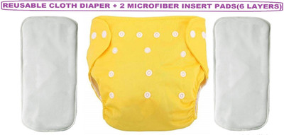 TINNY TOTS Premium Quality Pack of 1 Baby Washable Reusable Adjustable Button Cloth Diaper Nappy With 2 White Microfiber Bamboo Insert Liner Pad (6 Layers) Wet-free Durable For Babies/Toddlers/Infants(YELLOW;3-10 KGS) - New Born(3 Pieces)