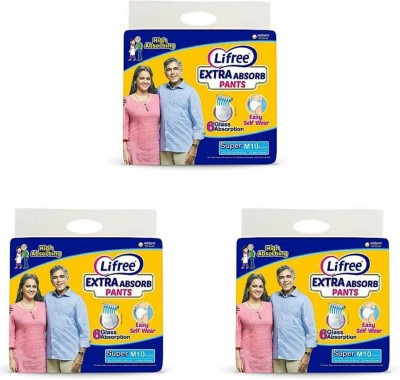 LIFREE Extra Absorb Pants- Medium-(10 Pieces) (Pack of 3) M-(30 Pieces) Unisex Adult Diaper. Adult Diapers - M(30 Pieces)