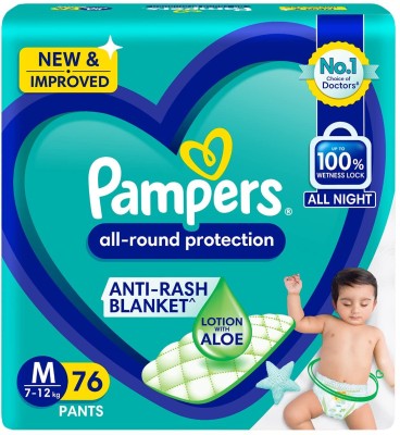 Pampers All round Protection Pants,(7-12kg) 76 Count,Anti Rash diapers,Lotion,Aloe Vera - M(76 Pieces)