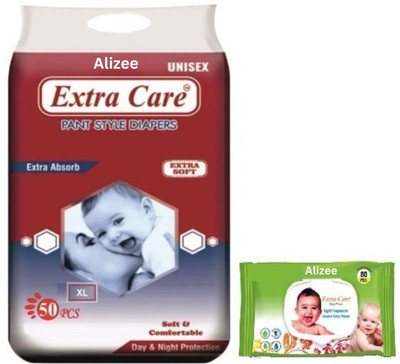 alizee Extra Care XL size diaper 50 piece + Baby Wipes (80 wipes) - XL(50 Pieces)