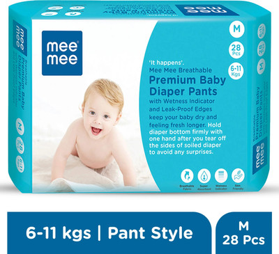 MeeMee Breathable Premium Baby Diaper Pants with Wetness Indicator and Leak-Proof Edges (Medium, 28 Pcs) - M(28 Pieces)