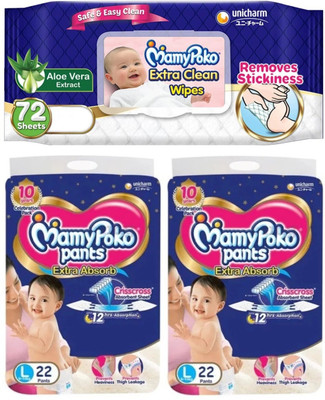 MamyPoko PANTS EXTRA ABSORB LARGE SIZE(L-22+22)& (72 WIPES) NAPKINS - L