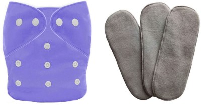 TINNY TOTS Trendy Fashionable Pack of 1 Pocket Style Button Solid Pattern Cotton Baby Reusable Cloth Diaper Nappies Quick-Dry All-In-One Adjustable With 3 Bamboo Charcoal Microfiber Inserts Pads(5 Layers) Washable Soaker Boosters Premium Quality Wet-Free For Toddlers/Infants/New Borns(PURPLE) - New 