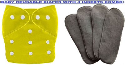 TINNY TOTS Fashionable Trendy Pack of 1 Pocket Button Style Solid Color Baby Cotton Reusable Cloth Diaper Nappy Quick-Dry All-In-One Adjustable With 4 Bamboo Charcoal Microfiber Inserts Pads(5 Layers) Washable Soakers Premium Quality Wet-Free For Toddlers/Infants/New Borns(YELLOW) - M - L(5 Pieces)