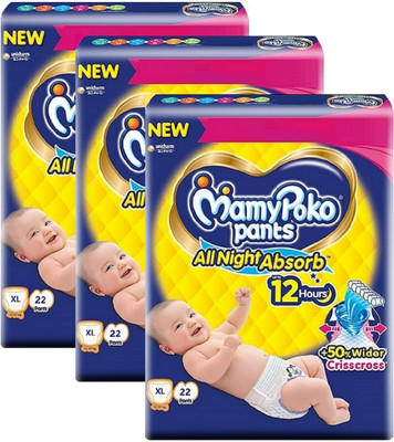 MamyPoko All Night Absorb Baby Diaper Pants Extra Large Size (Pack of 3) - XL(66 Pieces)