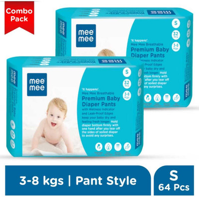 MeeMee Baby Breathable Premium (S) Size Baby Diaper Pants for babies/Infants/Toddlers - S(64 Pieces)