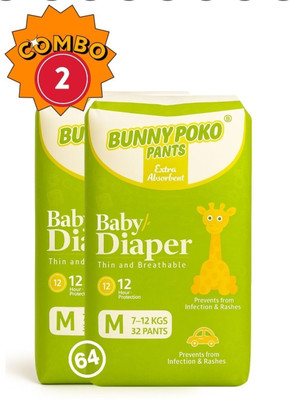 BUNNY POKO PANTS Baby Diapers | Upto 12Hrs Extra Absorbent | (32 x 2) Medium 7-12KG - M(64 Pieces)