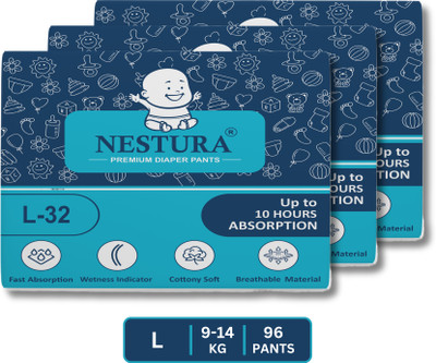 NESTURA Baby Diapers Pants Large L size with Wetness Indicator Pack of 3 (9-14 kg) - L(96 Pieces)