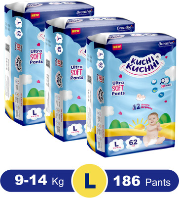 KUCHI KUCHHI Premium super soft baby diaper Pants with a 3D bubble top (Pack of 3) - L(186 Pieces)