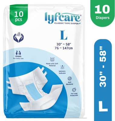 lyfcare Classic Tape Style | Unisex | Large | Waist Size (30-58 Inch) | Adult Diapers - L(10 Pieces)