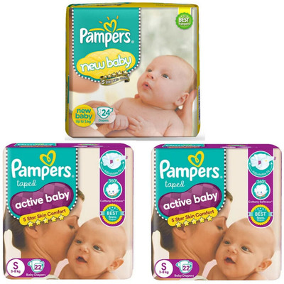 Pampers ACTIVE BABY TAPED DIAPERS NEW BORN NB 24+22 +22 SMALL PACK OF 3 - New Born(68 Pieces)