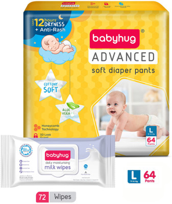 babyhug Daily Rich Milk Wipes 72 Pieces and Advanced Pant style Diaper L-64 Pieces - L(64 Pieces)