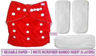 TINNY TOTS Adjustable Quick Dry Washable Reusable Cloth Diaper Nappy With 3 White Multi-Layer Microfiber Bamboo Changing Insert Pads For Toddlers/Babies/New Borns(0-12 Months,RED) - New Born(4 Pieces)