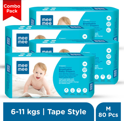 MeeMee Breathable Premium Baby Tape Diaper with Wetness Indicator and Leak-Proof Edges - M(80 Pieces)