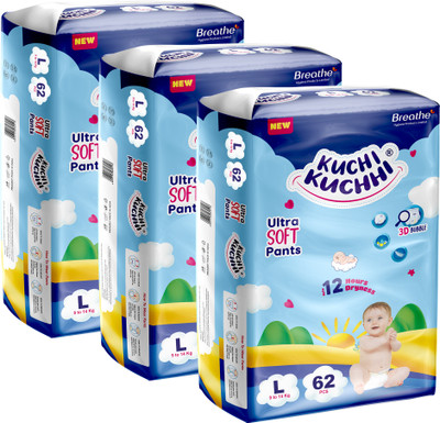 KUCHI KUCHHI Premium super soft baby diaper with a 3D bubble top (Pack of 3) - L(186 Pieces)