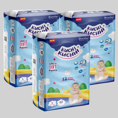 KUCHI KUCHHI Premium super soft baby diaper Pants with a 3D bubble top (Pack of 3) - L(186 Pieces)